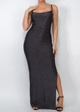 Aura Sleeveless Stretchy Knotted Back Shirred Slit Dress Black