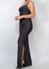 Aura Sleeveless Stretchy Knotted Back Shirred Slit Dress Black