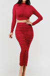 Maddie Long Sleeve Slinky shirred crop top and Midi skirt set RED