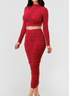 Maddie Long Sleeve Slinky shirred crop top and Midi skirt set RED