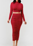 Maddie Long Sleeve Slinky shirred crop top and Midi skirt set RED