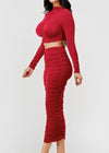 Maddie Long Sleeve Slinky shirred crop top and Midi skirt set RED