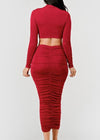 Maddie Long Sleeve Slinky shirred crop top and Midi skirt set RED