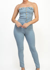 DALLAS LIGHT DENIM SKINNY BUTTON-DOWN CINCHED TUBE JUMPSUIT