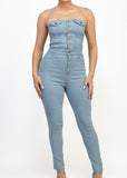 DALLAS LIGHT DENIM SKINNY BUTTON-DOWN CINCHED TUBE JUMPSUIT