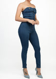 DALLAS MEDIUM DENIM SKINNY BUTTON-DOWN CINCHED TUBE JUMPSUIT