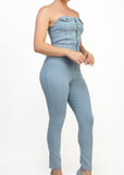 DALLAS LIGHT DENIM SKINNY BUTTON-DOWN CINCHED TUBE JUMPSUIT