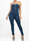 DALLAS MEDIUM DENIM SKINNY BUTTON-DOWN CINCHED TUBE JUMPSUIT