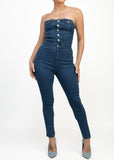 DALLAS MEDIUM DENIM SKINNY BUTTON-DOWN CINCHED TUBE JUMPSUIT