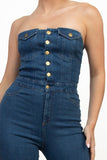 DALLAS MEDIUM DENIM SKINNY BUTTON-DOWN CINCHED TUBE JUMPSUIT