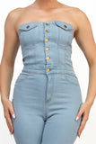 DALLAS LIGHT DENIM SKINNY BUTTON-DOWN CINCHED TUBE JUMPSUIT