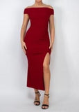 SCARLETT RED RUCHED SLIT OFF SHOULDER MIDI DRESS