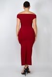 SCARLETT RED RUCHED SLIT OFF SHOULDER MIDI DRESS