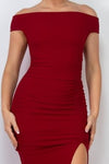 SCARLETT RED RUCHED SLIT OFF SHOULDER MIDI DRESS