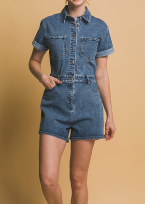 OAKLAND MID DENIM BUTTON DOWN ROMPER