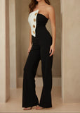 EVERLY BLACK AND WHITE OFF SHOULDER BUTTON TRIM JUMPSUIT