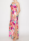 PASSION ISLAND YELLOW-FUCHSIA COWL NECK MAXI SLIT DRESS