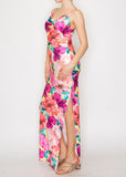 PASSION ISLAND YELLOW-FUCHSIA COWL NECK MAXI SLIT DRESS