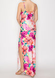 PASSION ISLAND YELLOW-FUCHSIA COWL NECK MAXI SLIT DRESS