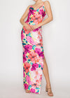 PASSION ISLAND YELLOW-FUCHSIA COWL NECK MAXI SLIT DRESS