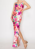 PASSION ISLAND YELLOW-FUCHSIA COWL NECK MAXI SLIT DRESS