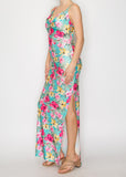 FLORAL ISLAND AQUA-FUCHSIA COWL NECK MAXI SLIT DRESS