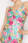 FLORAL ISLAND AQUA-FUCHSIA COWL NECK MAXI SLIT DRESS