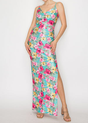 FLORAL ISLAND AQUA-FUCHSIA COWL NECK MAXI SLIT DRESS