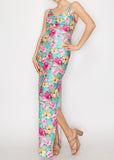 FLORAL ISLAND AQUA-FUCHSIA COWL NECK MAXI SLIT DRESS