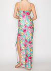 FLORAL ISLAND AQUA-FUCHSIA COWL NECK MAXI SLIT DRESS