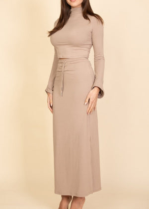 INDIE TAUPE MOCK NECK BELL SLEEVE CROP TOP & MAXI SKIRT SET