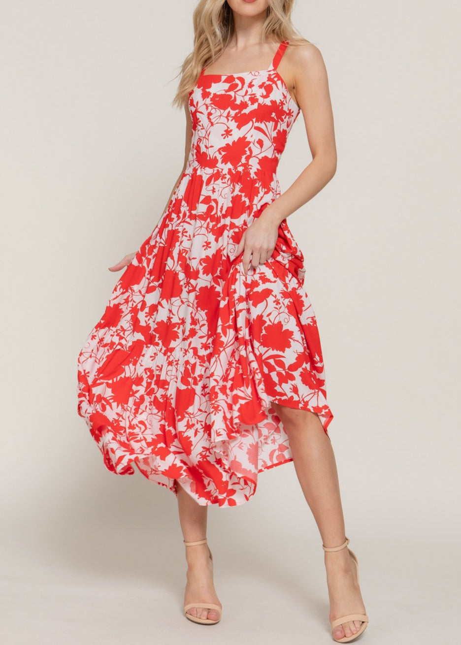 SUNDAY WHITE-RED FLORAL PRINT CAMI MIDI DRESS
