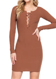 Natty Long Sleeve Front Lace Up Detail Stretchy Mini Dress Brown