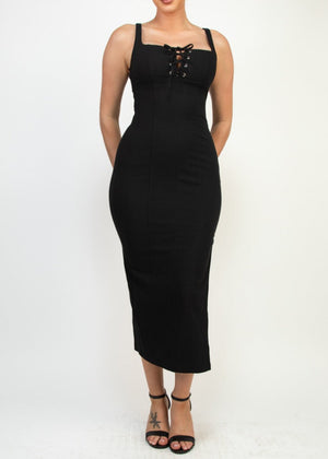 PHOENIX BLACK SQUARE LACE-UP BUSTIER MIDI DRESS