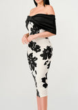 AMIRA WHITE & BLACK FLORAL STRAPLESS MIDI DRESS