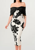 AMIRA WHITE & BLACK FLORAL STRAPLESS MIDI DRESS