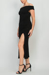 SCARLETT BLACK RUCHED SLIT OFF SHOULDER MIDI DRESS