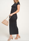 ELEANOR BLACK SHORT SLEEVE LIGHTWEIGHT DOUBLE LAYERED BODYCON MAXI DRESS