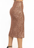 ELOISE COPPER SEQUIN HIGH RISE SLIT MIDI SKIRT