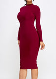 Cole High Stretchy Long Sleeve Double Layered Mock Neck Midi Dress BURGUNDY