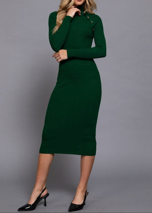 KINSLEY DARK GREEN SHOULDER BUTTONED MIDI DRESS