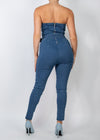 SERENITY BLUE DENIM TUBE BELTED SKINNY ZIPPERED JUMPSUIT