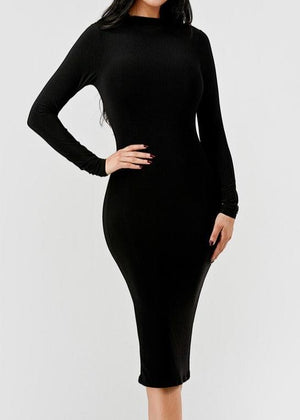 Cole High Stretchy Long Sleeve Double Layered Mock Neck Midi Dress BLACK