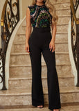 RIVER MULTICOLOR SEQUINS & BLACK BELTED SLEEVELESS JUMPSUIT