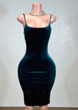 SOL GREEN RHINESTONE SPAGHETTI STRAPS BODYCON MINI DRESS