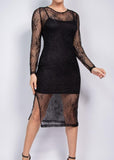 FEITH BLACK LACE RHINESTONE STUDDED SLIT MIDI DRESS