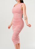 RALEIGH PINK ASYMMETRICAL NECKLINE RUCHED BODYCON DRESS