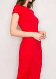 ELEANOR RED SHORT SLEEVE LIGHTWEIGHT DOUBLE LAYERED BODYCON MAXI DRESS