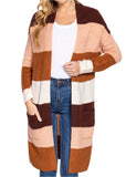 Long Sleeve Open Front Color Block Cardigan Brown-Sepia-Pink