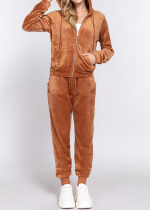 Mell Long Sleeve Faux Fur Hoodie Jacket & Jogger Pants Set Camel